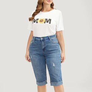 Bloomchic Jeans Plus 2X 20 Blue roll hem‎ ripped knee denim shorts stretchy